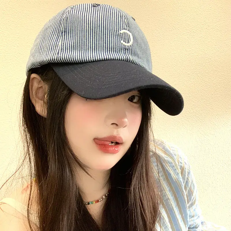 Women Retro Striped Baseball Cap Wide Brim Sunshade - Image 5