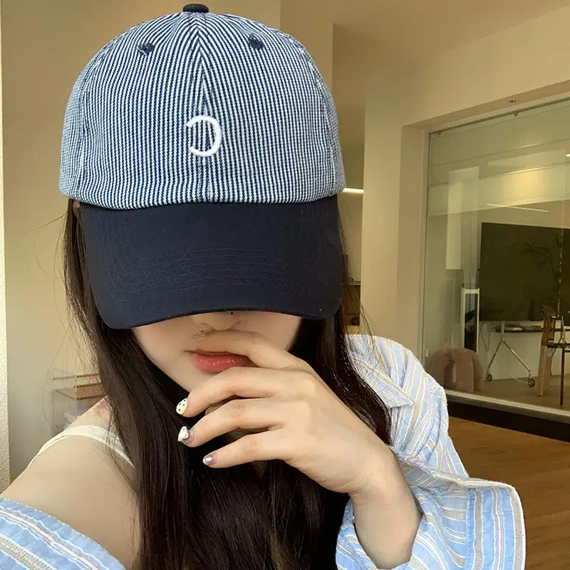 Women Retro Striped Baseball Cap Wide Brim Sunshade - Image 6