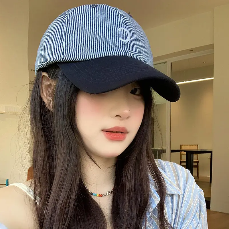 Women Retro Striped Baseball Cap Wide Brim Sunshade - Image 8
