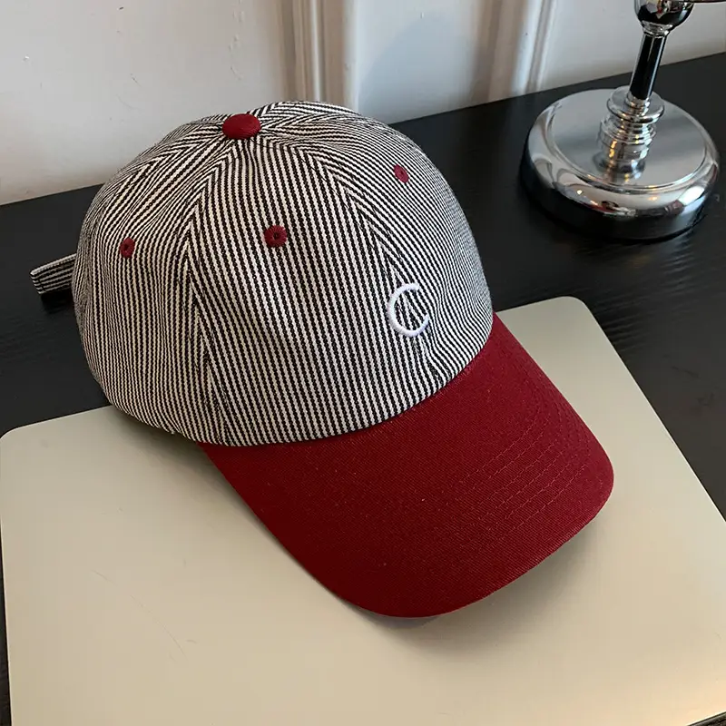 Women Retro Striped Baseball Cap Wide Brim Sunshade - Image 2