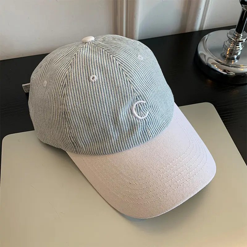 Women Retro Striped Baseball Cap Wide Brim Sunshade - Image 3
