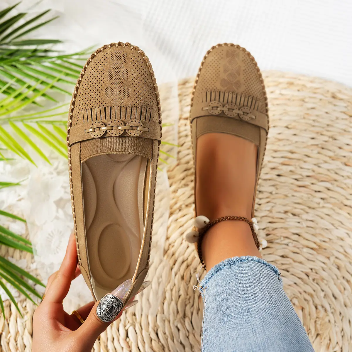 Women's Pink Mesh Flat Loafers Plus Size - Image 2