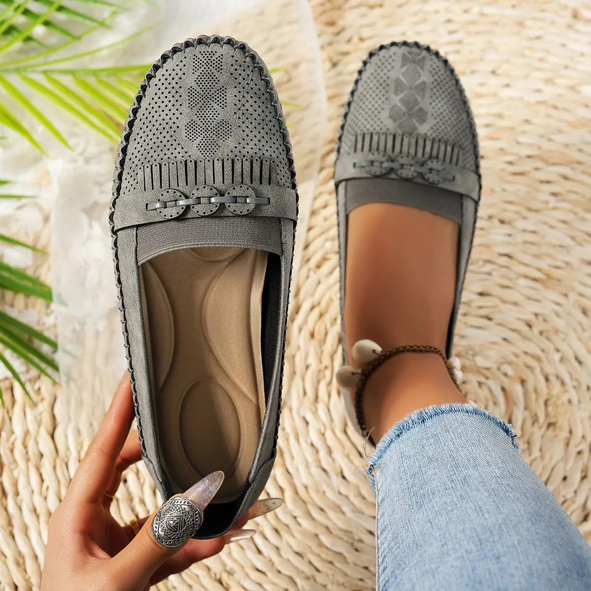 Women's Pink Mesh Flat Loafers Plus Size - Image 4