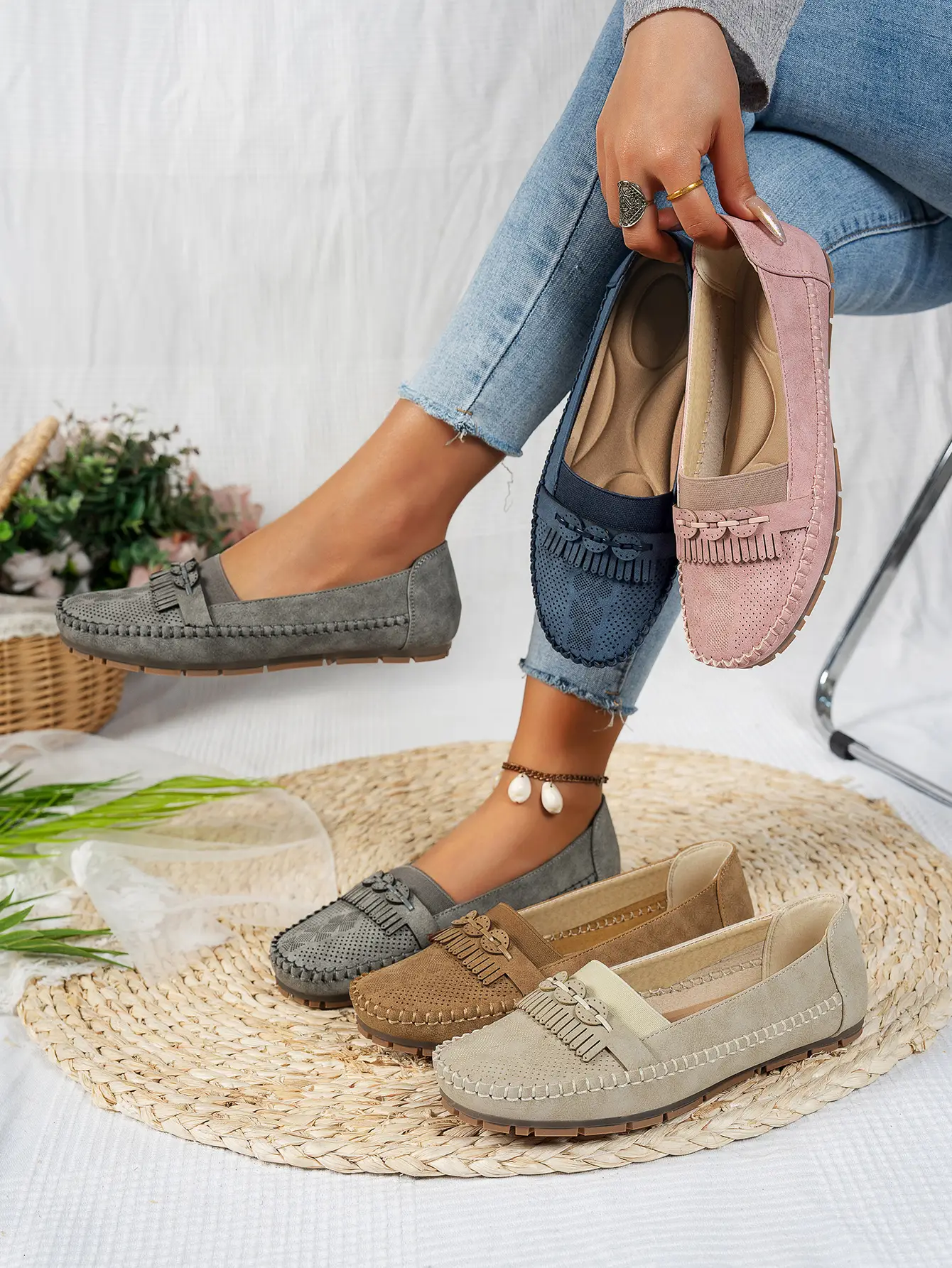 Women's Pink Mesh Flat Loafers Plus Size — feature 1