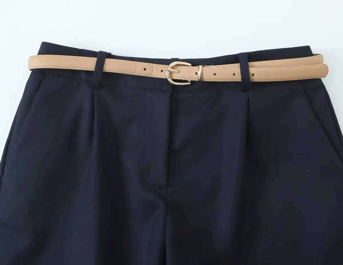 White Pleated Shorts with Brown Belt for Women — feature 7