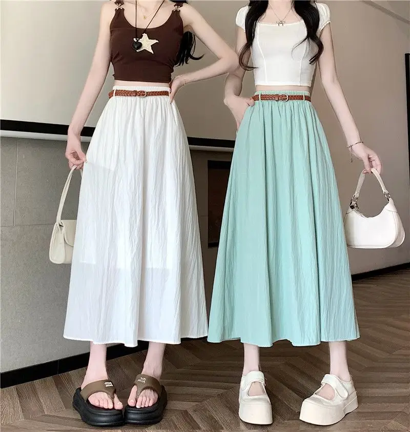 Women's Belt-Wrapped A-Line Skirt Mid-Length Summer Wear — feature 26