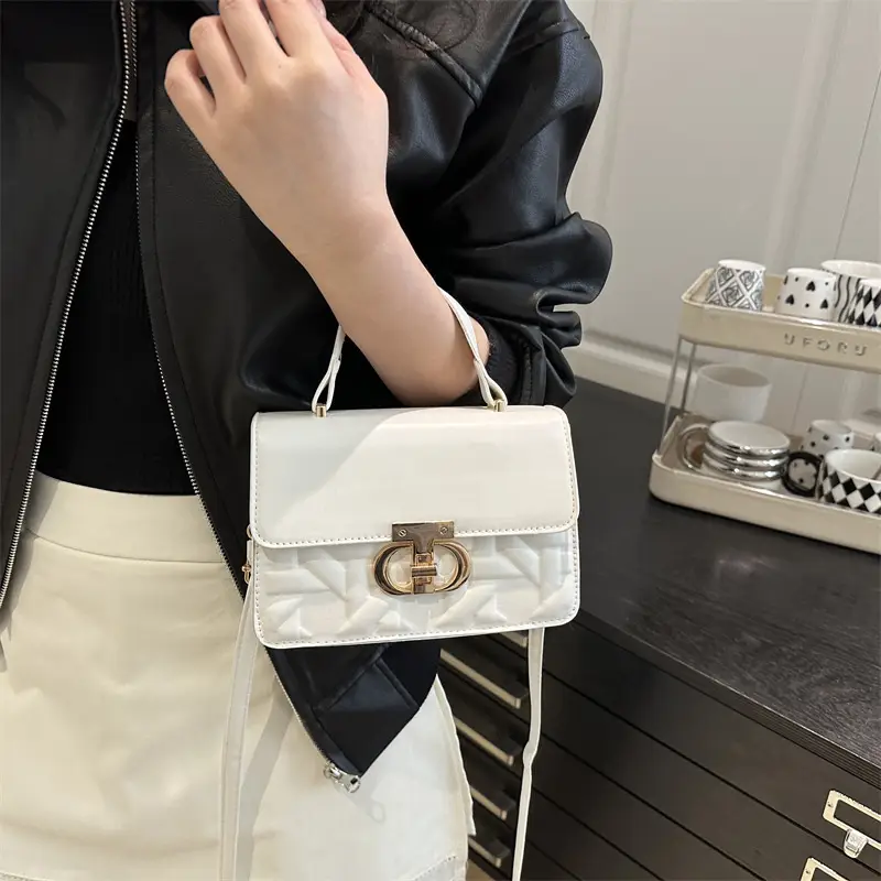 Women's White Square Leather Shoulder Bag with Gold Lock - Image 6