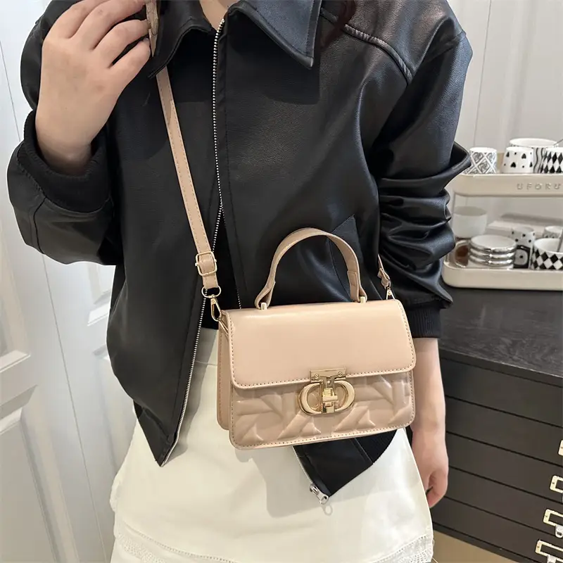 Women's White Square Leather Shoulder Bag with Gold Lock - Image 7