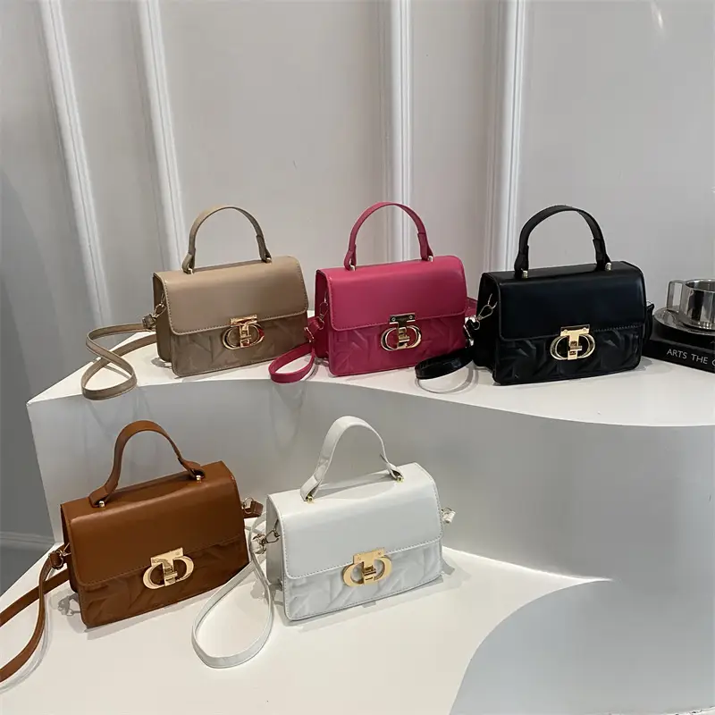 Women's White Square Leather Shoulder Bag with Gold Lock - Image 9