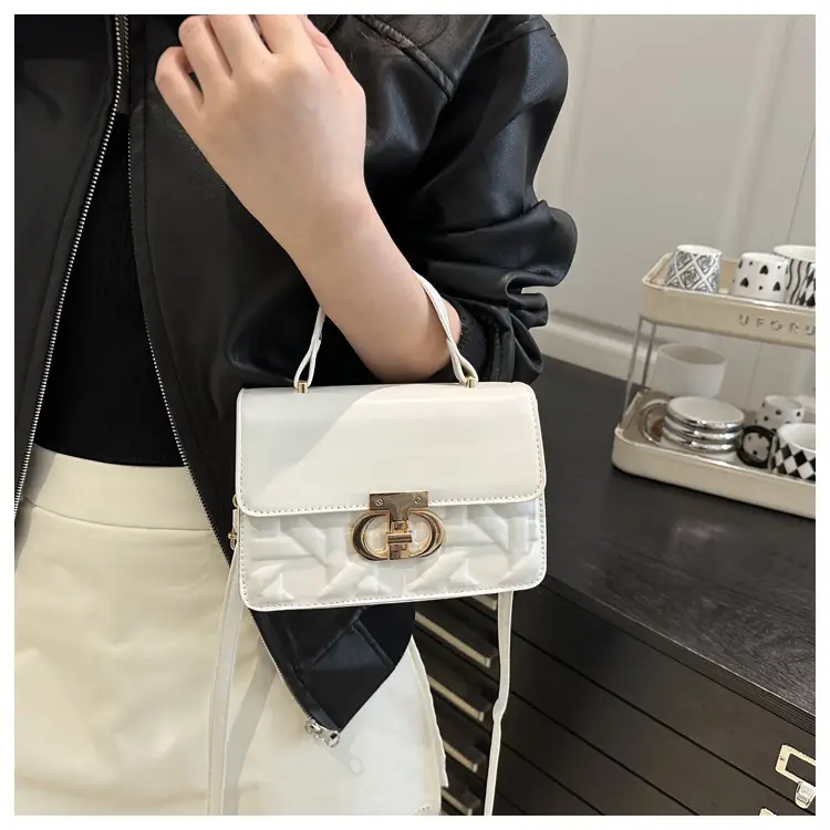 Women's White Square Leather Shoulder Bag with Gold Lock — feature 10