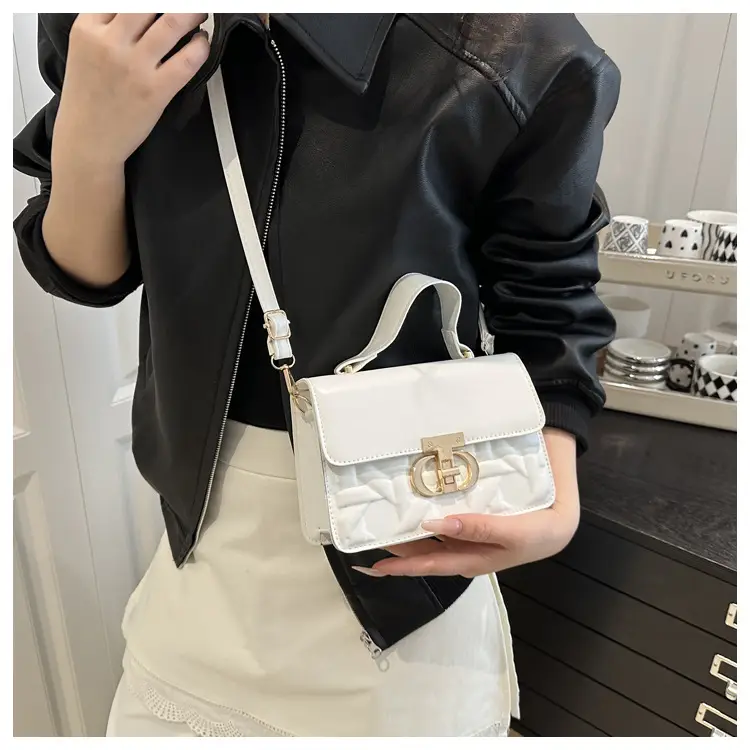 Women's White Square Leather Shoulder Bag with Gold Lock — feature 11