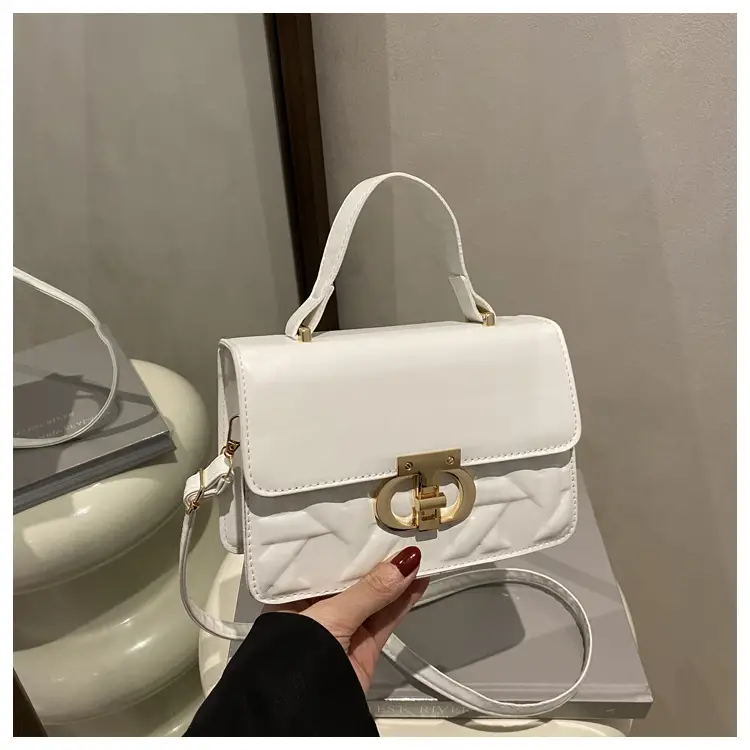 Women's White Square Leather Shoulder Bag with Gold Lock — feature 23