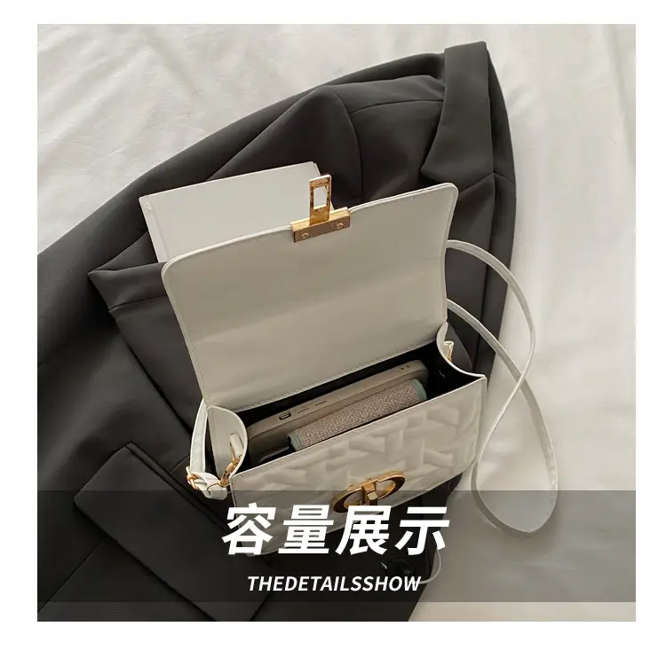 Women's White Square Leather Shoulder Bag with Gold Lock — feature 8