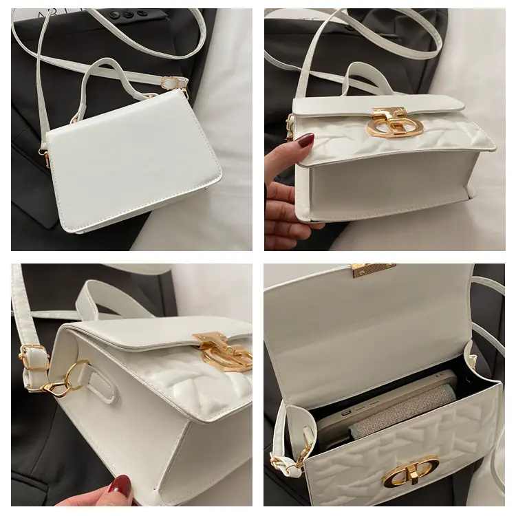 Women's White Square Leather Shoulder Bag with Gold Lock — feature 9