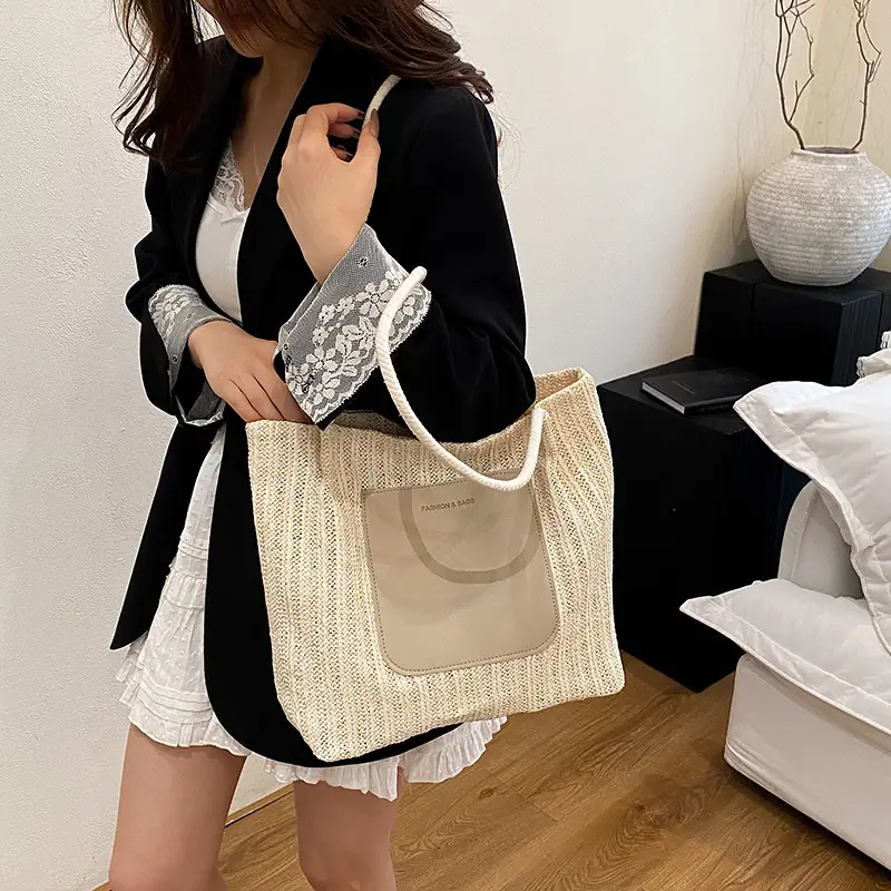 Women Woven Shoulder Bag 2025 Large Capacity Spliced Texture - Image 5