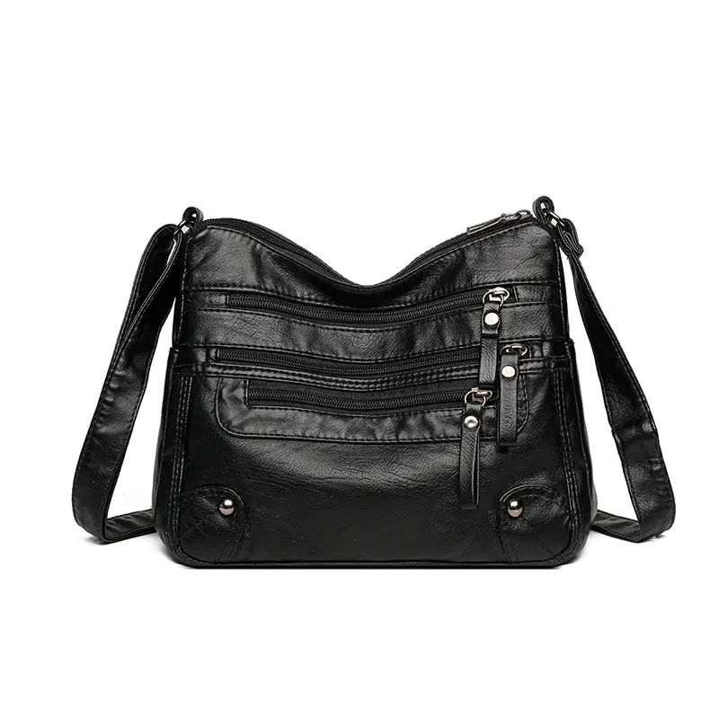 Black Leather Shoulder Crossbody Bag for Women