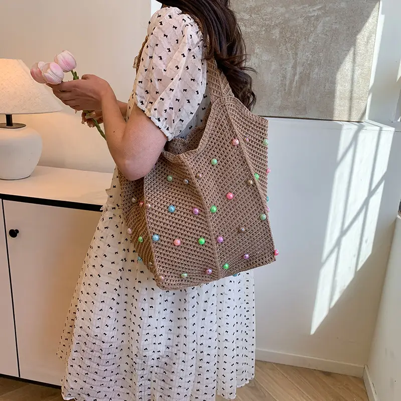 Hollow Knit Shoulder Bag for Women Summer Beach Vacation