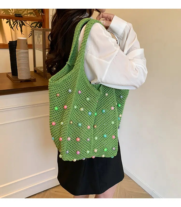 Hollow Knit Shoulder Bag for Women Summer Beach Vacation — feature 1