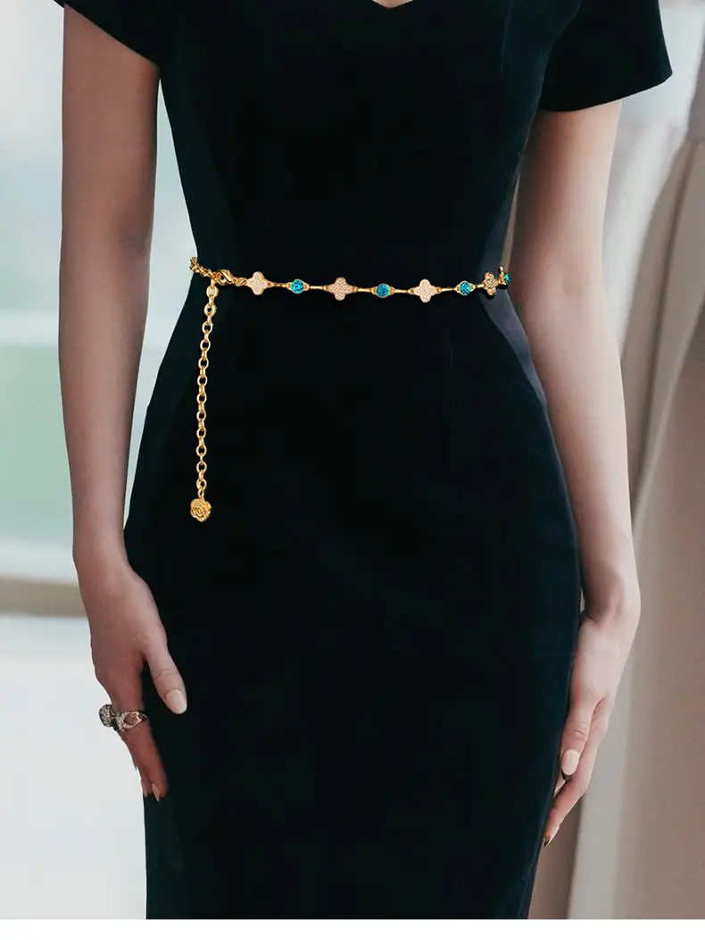 European & American Retro Rhinestone Four-leaf Clover Waist Chain — feature 1