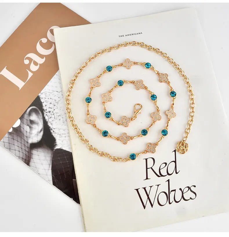 European & American Retro Rhinestone Four-leaf Clover Waist Chain — feature 10