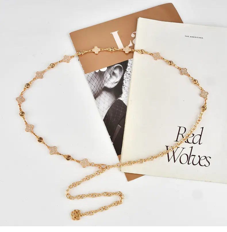 European & American Retro Rhinestone Four-leaf Clover Waist Chain — feature 5