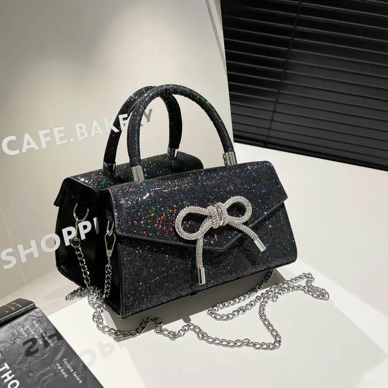 Small Square Bowknot Sparkly Chain Bag for Women - Image 5