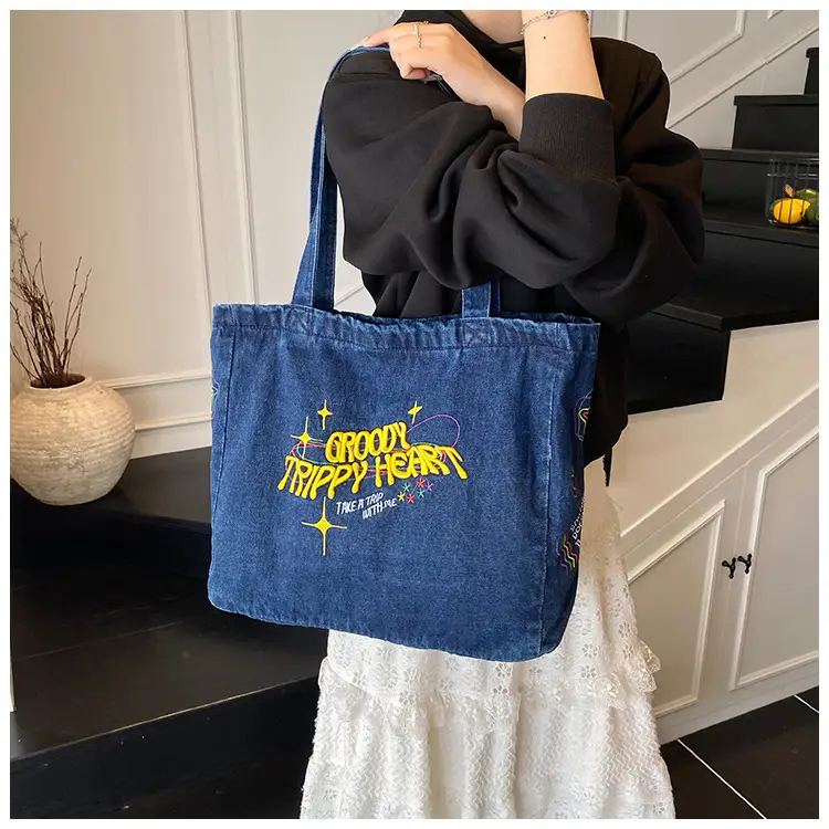 Denim Shoulder Bag College Style Large Capacity Women's Tote — feature 15