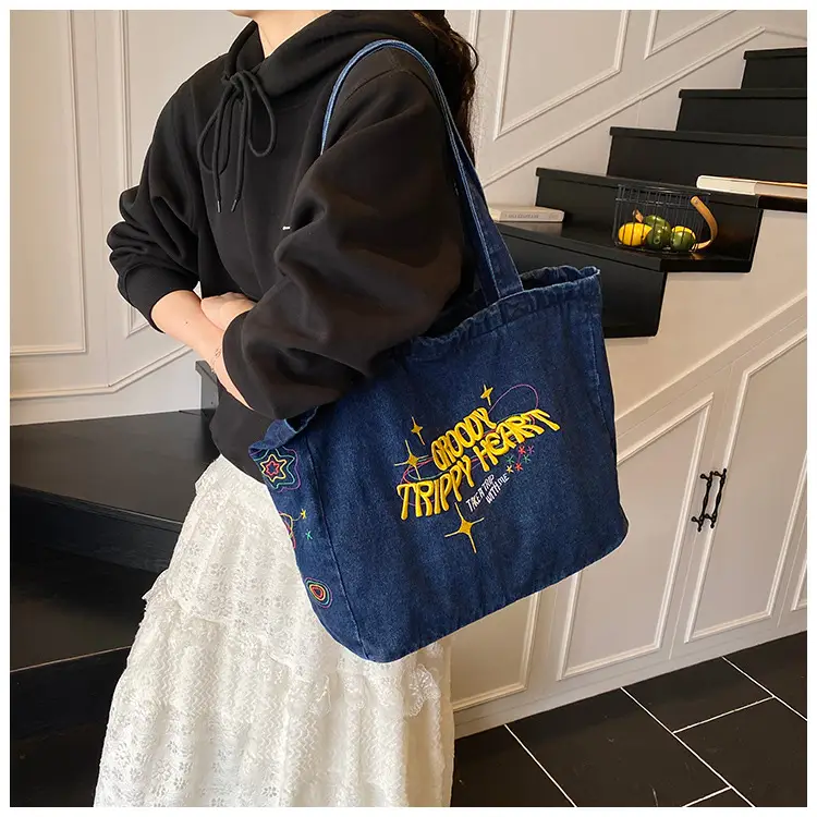 Denim Shoulder Bag College Style Large Capacity Women's Tote — feature 17
