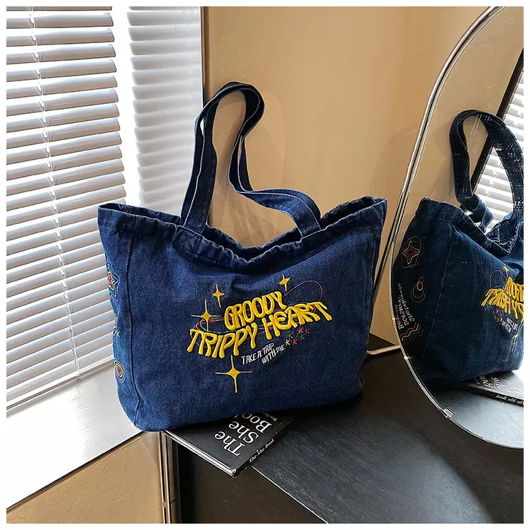 Denim Shoulder Bag College Style Large Capacity Women's Tote — feature 22