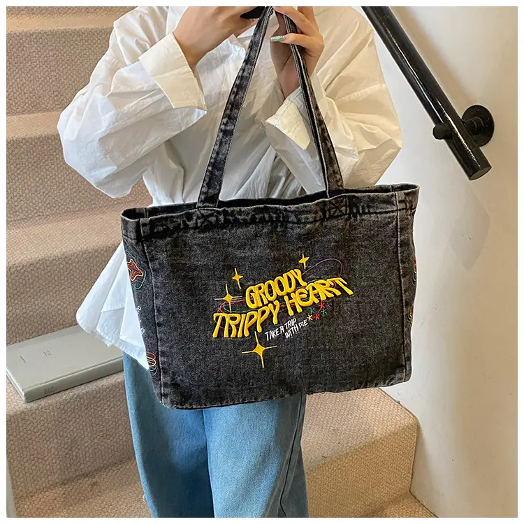 Denim Shoulder Bag College Style Large Capacity Women's Tote — feature 6