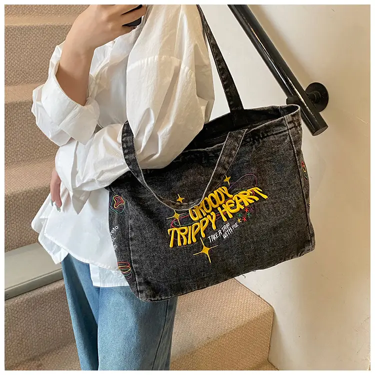 Denim Shoulder Bag College Style Large Capacity Women's Tote — feature 8