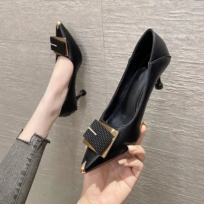 2026 New Style French High Heels, Elegant Soft Leather, Non-Abrasive, Stiletto Heel, Pointed Toe, Office Shoes, Square Buckle, Low Heel, Women's Single Shoes - Image 2