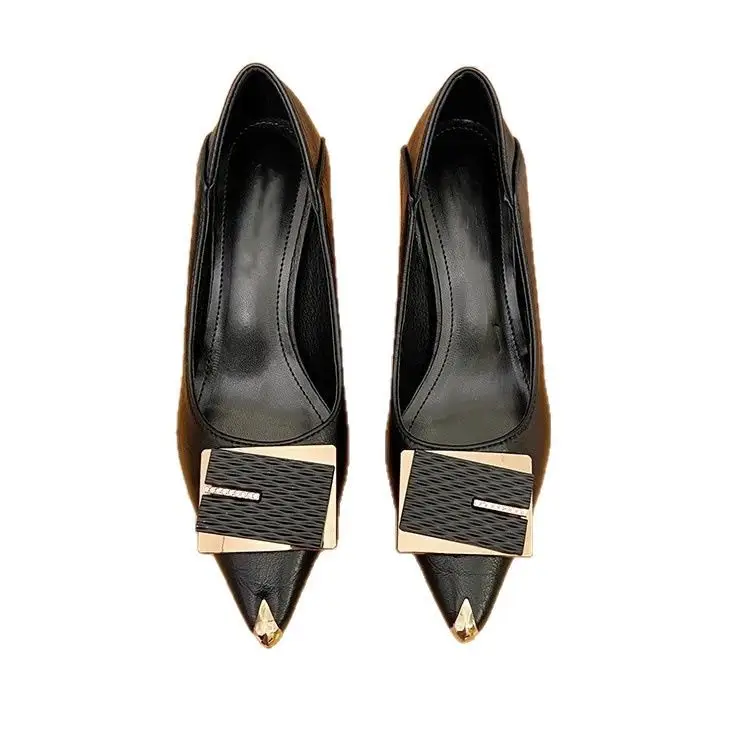2026 New Style French High Heels, Elegant Soft Leather, Non-Abrasive, Stiletto Heel, Pointed Toe, Office Shoes, Square Buckle, Low Heel, Women's Single Shoes - Image 5