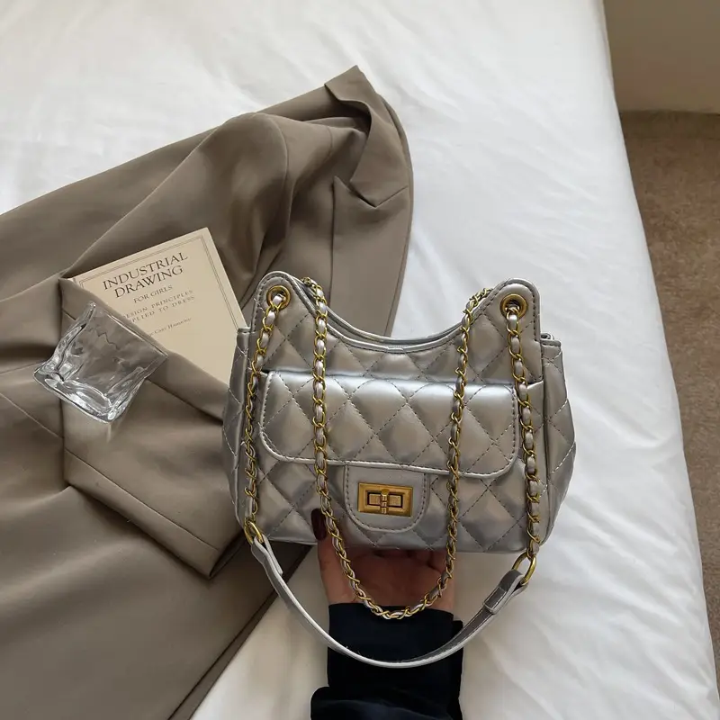 Women Rhombic Chain Shoulder Bag Cream 2024 - Image 2