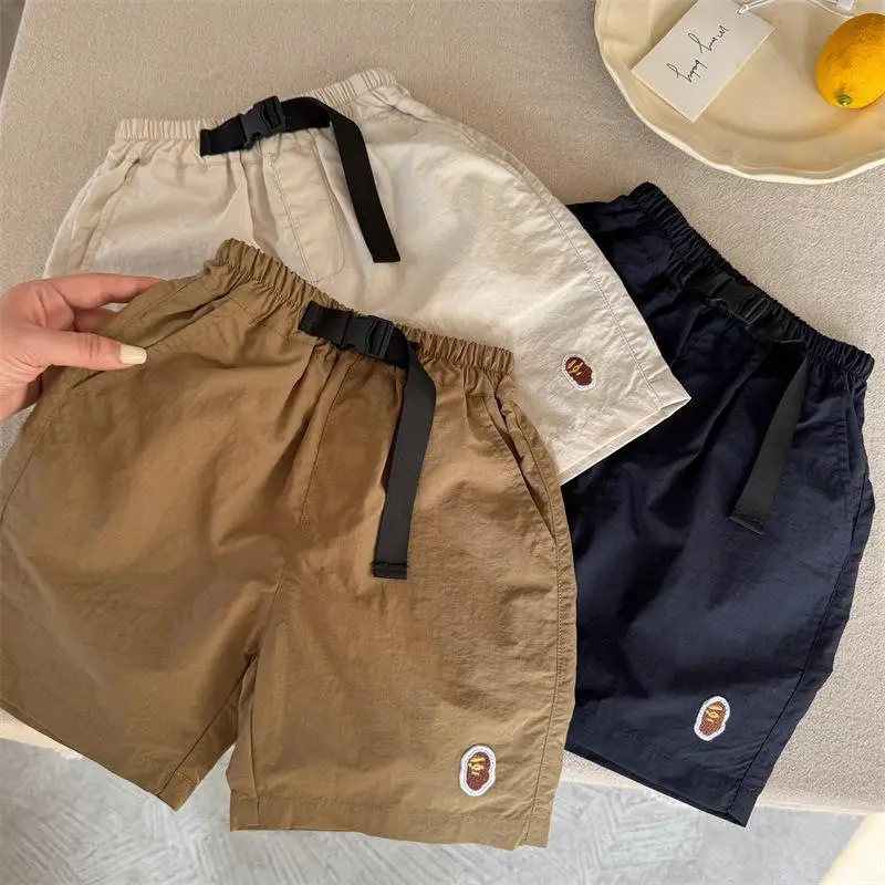 Girls Japanese Belt Shorts Navy Beige Button Front — feature 12