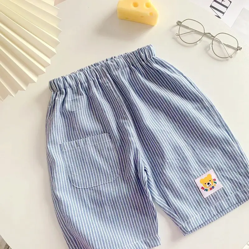 Girls Japanese Belt Shorts Navy Beige Button Front - Image 3