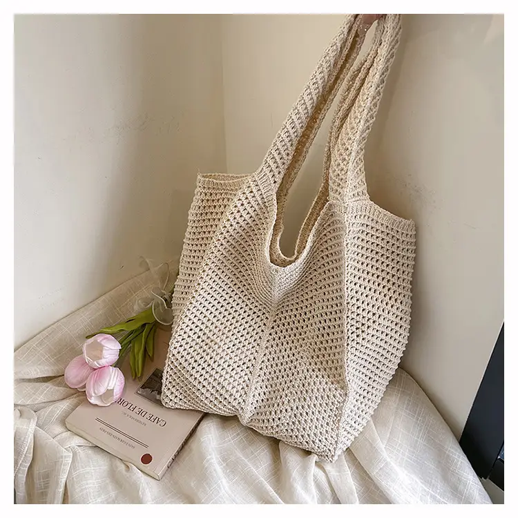 Beige Crochet Woven Shoulder Bag for Women - Image 3