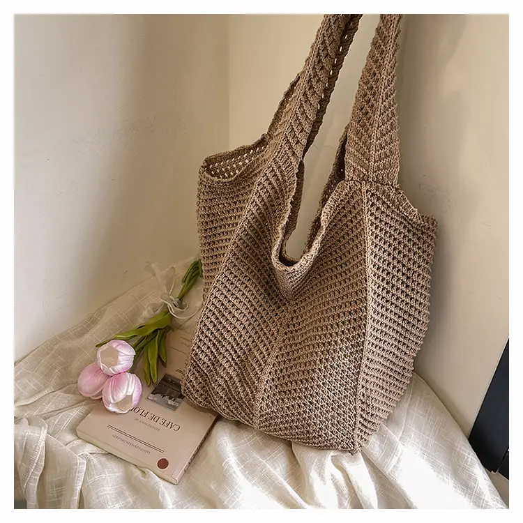 Beige Crochet Woven Shoulder Bag for Women - Image 4