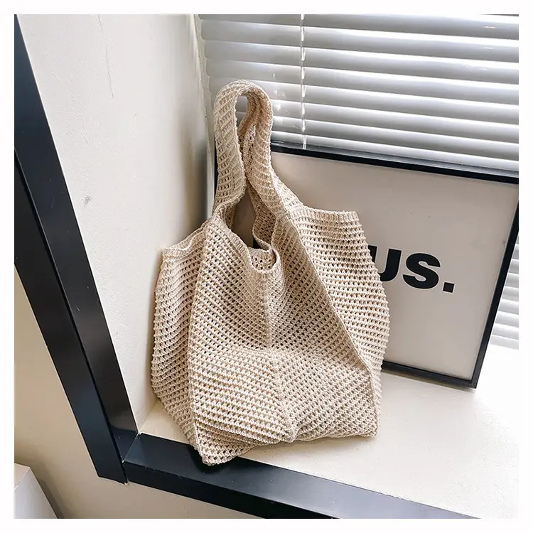 Beige Crochet Woven Shoulder Bag for Women - Image 5