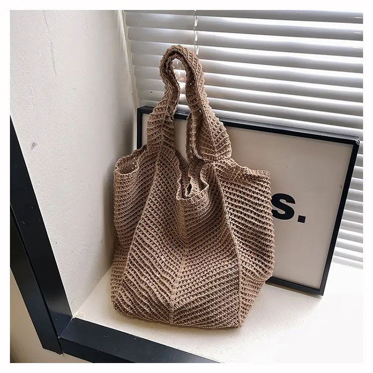 Beige Crochet Woven Shoulder Bag for Women - Image 6