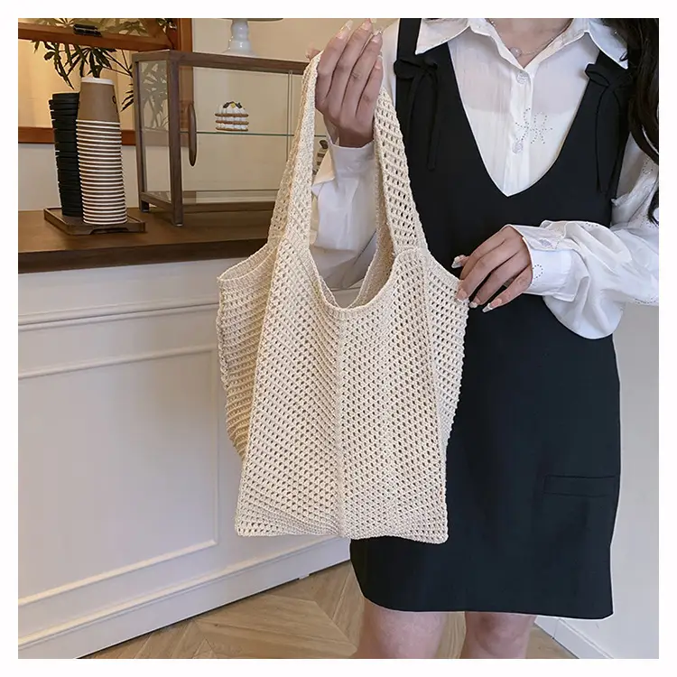 Beige Crochet Woven Shoulder Bag for Women — feature 7
