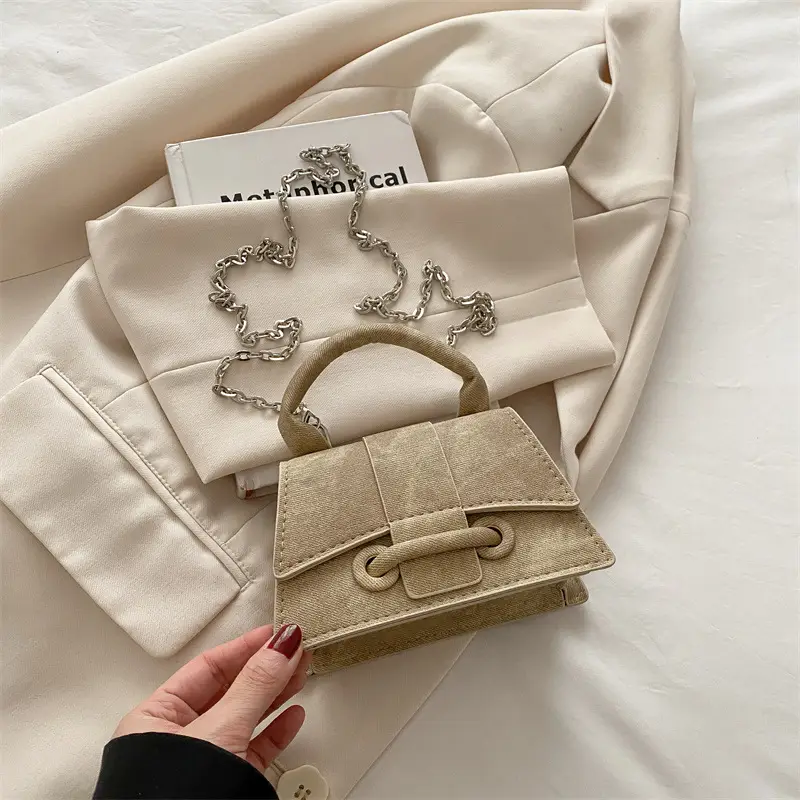 Light Luxury Women's Shoulder Crossbody Bag Beige Suede Chain Strap - Image 2