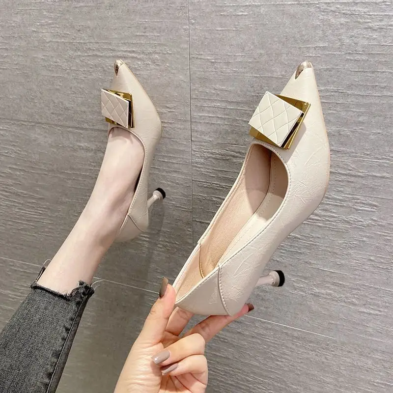 French-Style High Heels for Women, Stiletto Heels, Elegant, Comfortable, Pointed Toe, Square Buckle, Mid-Heel, Shallow Mouth, Single Shoes for Women, 2026 Spring and Autumn New Style - Image 3