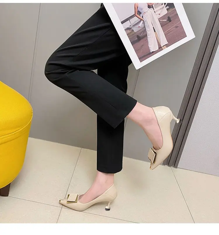 French-Style High Heels for Women, Stiletto Heels, Elegant, Comfortable, Pointed Toe, Square Buckle, Mid-Heel, Shallow Mouth, Single Shoes for Women, 2026 Spring and Autumn New Style — feature 2