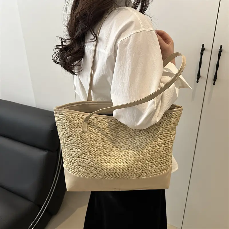 Women's Straw Shoulder Bag Large Capacity Beige - Image 7