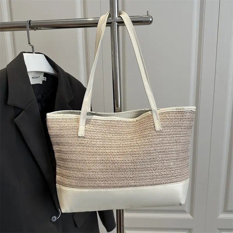 Women's Straw Shoulder Bag Large Capacity Beige - Image 3