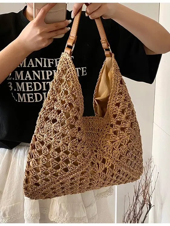 Women Crossbody Straw Bag Large Capacity Brown