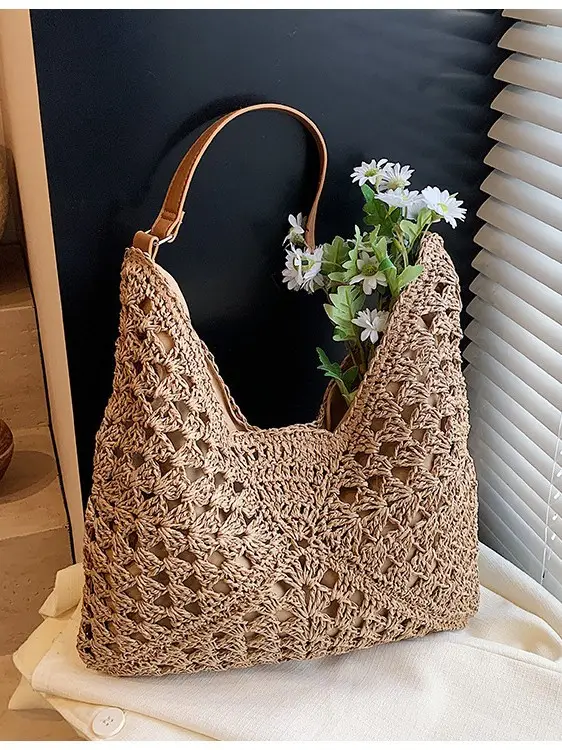 Women Crossbody Straw Bag Large Capacity Brown
