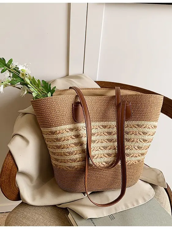 Straw Large Capacity Women's Handbag Multi-compartment Zipper Bag - Image 6