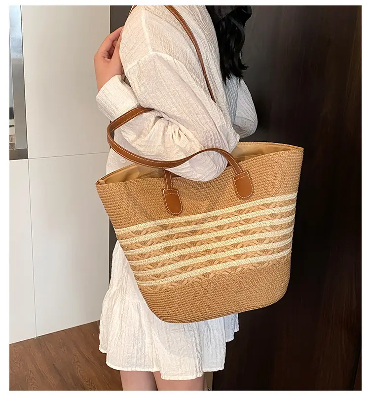Straw Large Capacity Women's Handbag Multi-compartment Zipper Bag — feature 1